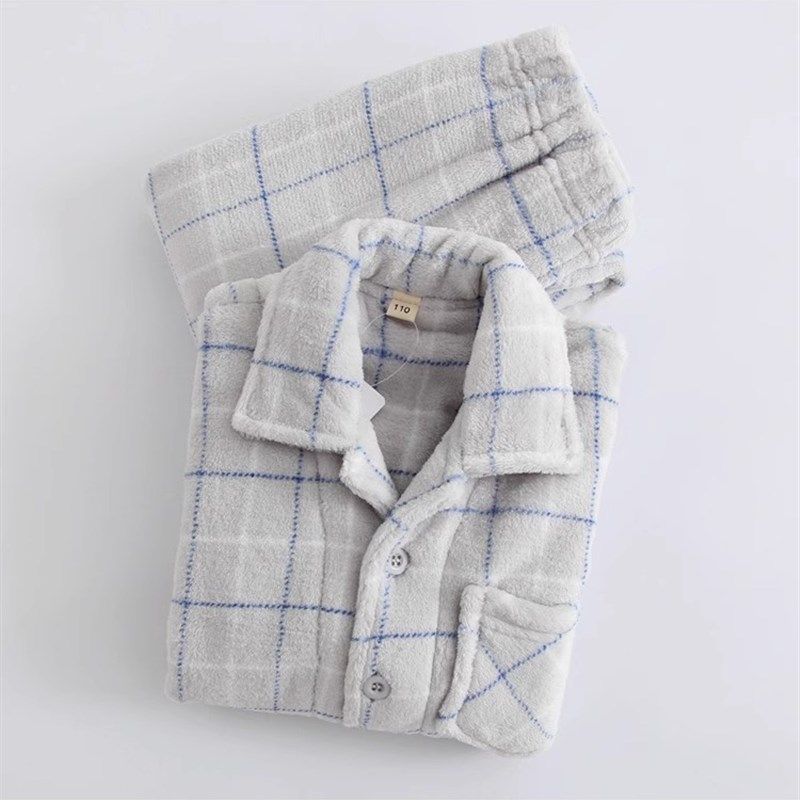 秋冬儿童小孩中大童薄款珊瑚绒家居服冬男简约法兰绒套装男童睡衣