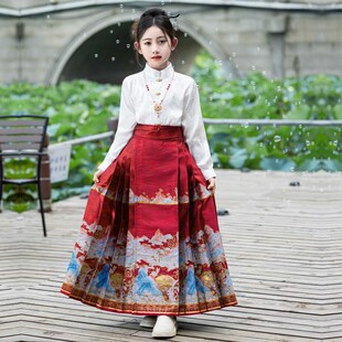 2024新款国风母女亲子装马面裙儿童汉服新中式上衣女孩红色套装秋