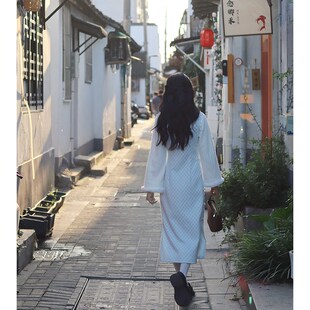 雪宝新中式古法旗袍2024新款冬季加厚素雅长袖小清新全开襟秋冬女