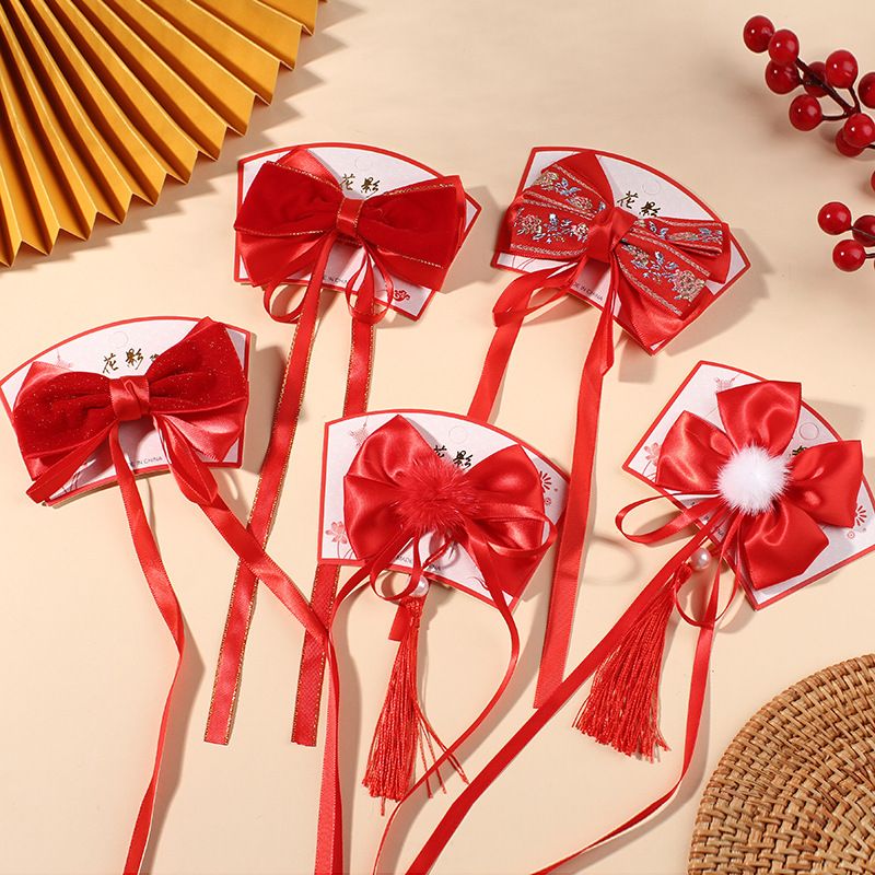 大红蝴蝶结飘带发夹中国风儿童新年发卡古风汉服流苏女童毛球发饰