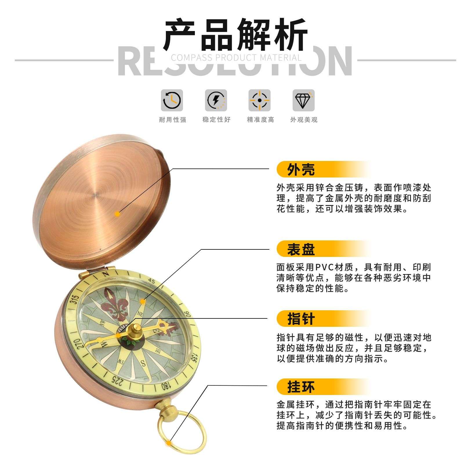 金属指南针G50-1 古铜色翻盖指南针 金属怀表指南针 爆款大量现货