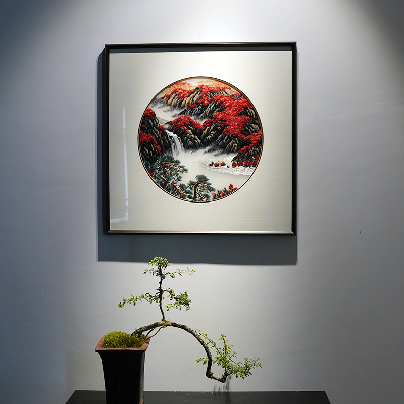 新中式装饰画苏绣山水玄关茶室手工自绣苏州刺绣成品挂画实木古典图片