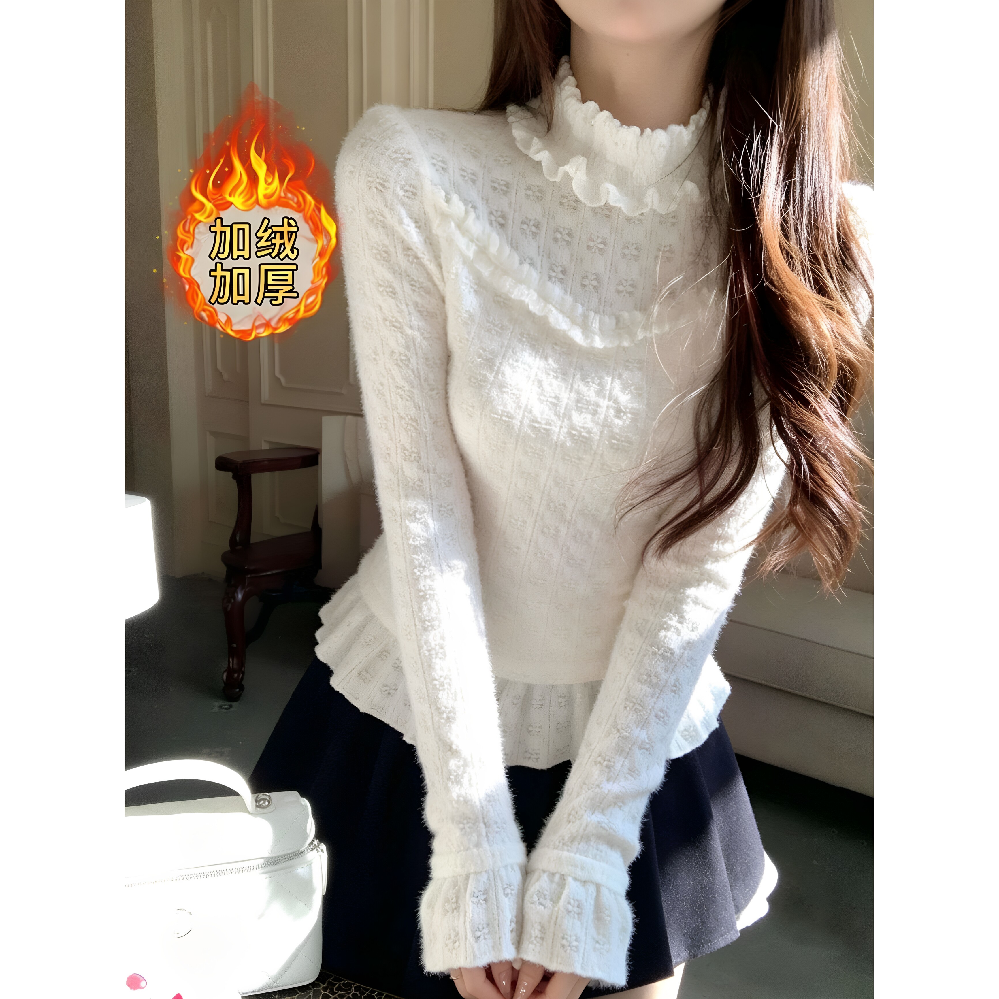 洛丽塔含羊毛加绒加厚显瘦打底衫