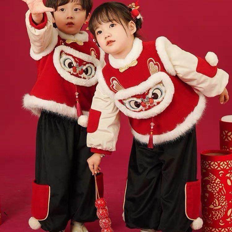 儿童拜年服套装男童女童冬款龙年宝宝喜庆周岁礼服唐装加厚抓周服