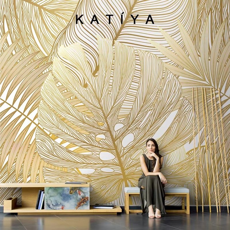 Katiya北欧轻奢金色叶子墙布电视背景墙东南亚卧室酒店壁纸定制画,家装主材,定制壁画,淘宝优惠券,粉丝福利购,淘宝优惠卷