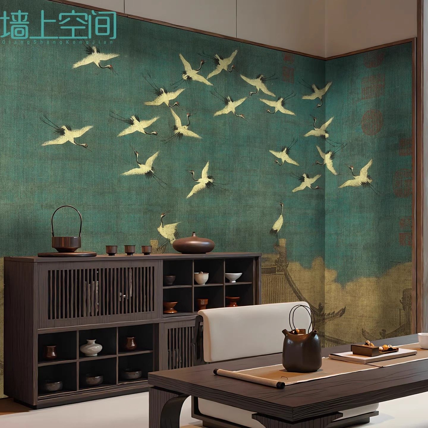 复古中式宋代美学壁纸瑞鹤图茶室会所壁画饭店包厢棋牌室背景墙纸,家装主材,定制壁画,淘宝优惠券,粉丝福利购,淘宝优惠卷