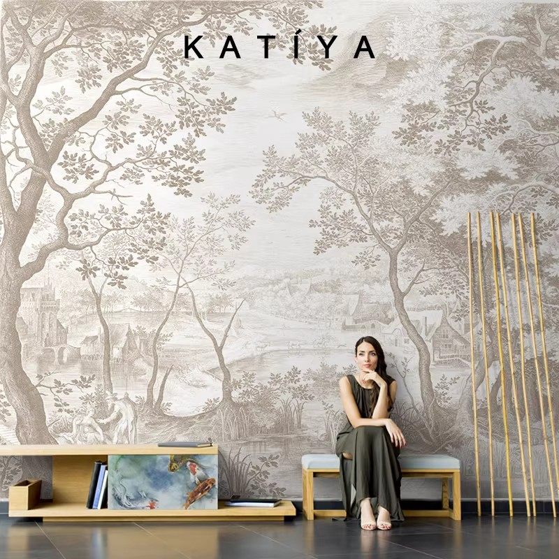 Katiya法式背景墙壁纸电视墙墙布装饰别墅轻奢手绘定制画卧室沙发,家装主材,定制壁画,淘宝优惠券,粉丝福利购,淘宝优惠卷