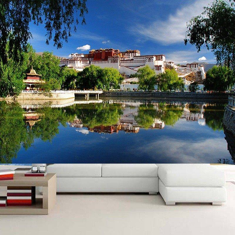 藏式布达拉宫墙布蓝天白云西藏沙发电视背景墙壁纸风景办公室壁画,家装主材,定制壁画,淘宝优惠券,粉丝福利购,淘宝优惠卷