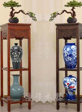 实木中式1米2客厅多层木质高花架子仿古室内简约奇石花瓶架置物架