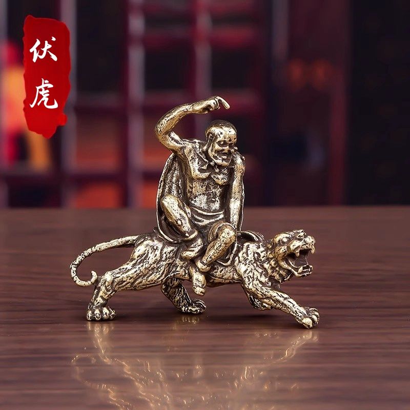 纯实心铜雕伏虎罗汉小摆件仿古铜艺微雕罗汉铜像小铜器铜把摆件