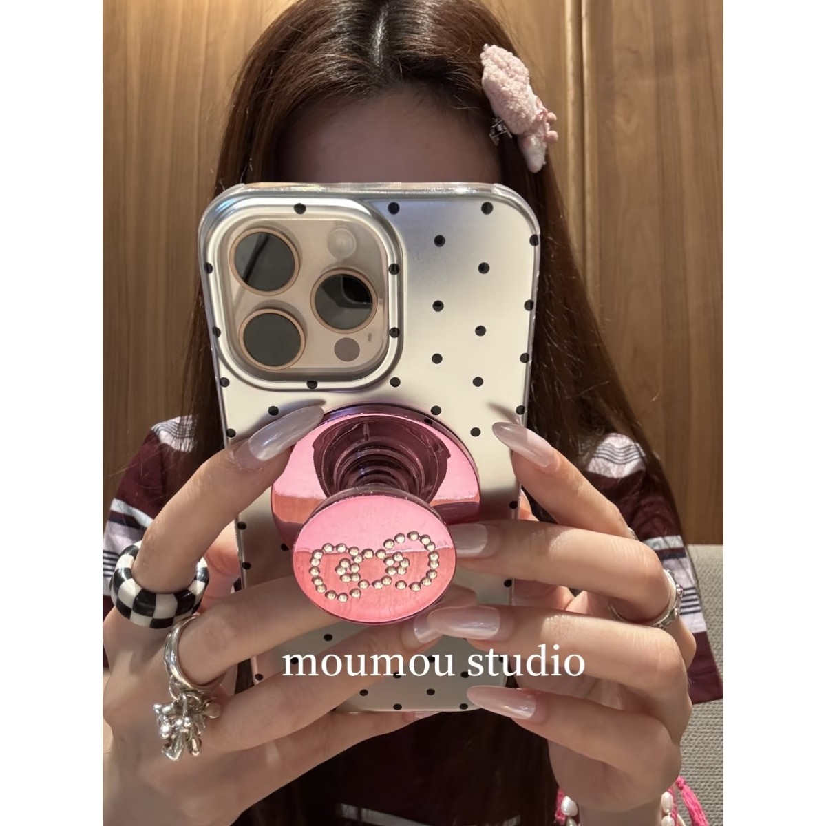 MOMOMOSTUDIOS小众ins波点玫红闪钻蝴蝶结磁吸支架适