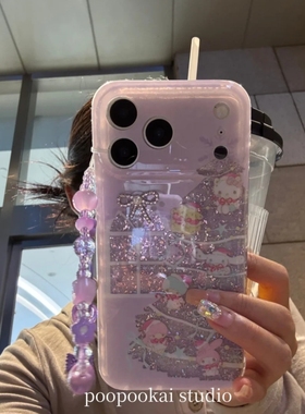 MOMOMOSTUDIOS可爱ins卡通闪粉紫色圣诞树KT猫链条适用iPhone17promax新款16pro苹果手机壳15pro双层14保护套