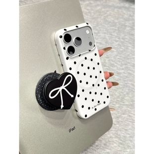 MOMOMOSTUDIOS小众ins韩系白底波点蝴蝶结磁吸支架适用iPhone17promax新款16pro苹果手机壳15pro磨砂半包硬壳