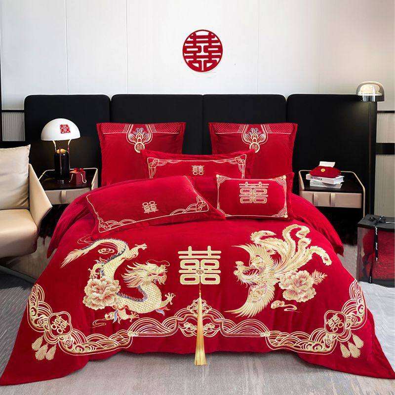 牛奶绒结婚四件套冬季珊瑚绒红色婚庆床上用品加厚花边款被套床单,床上用品,婚庆床品套件,淘宝优惠券,粉丝福利购,淘宝优惠卷