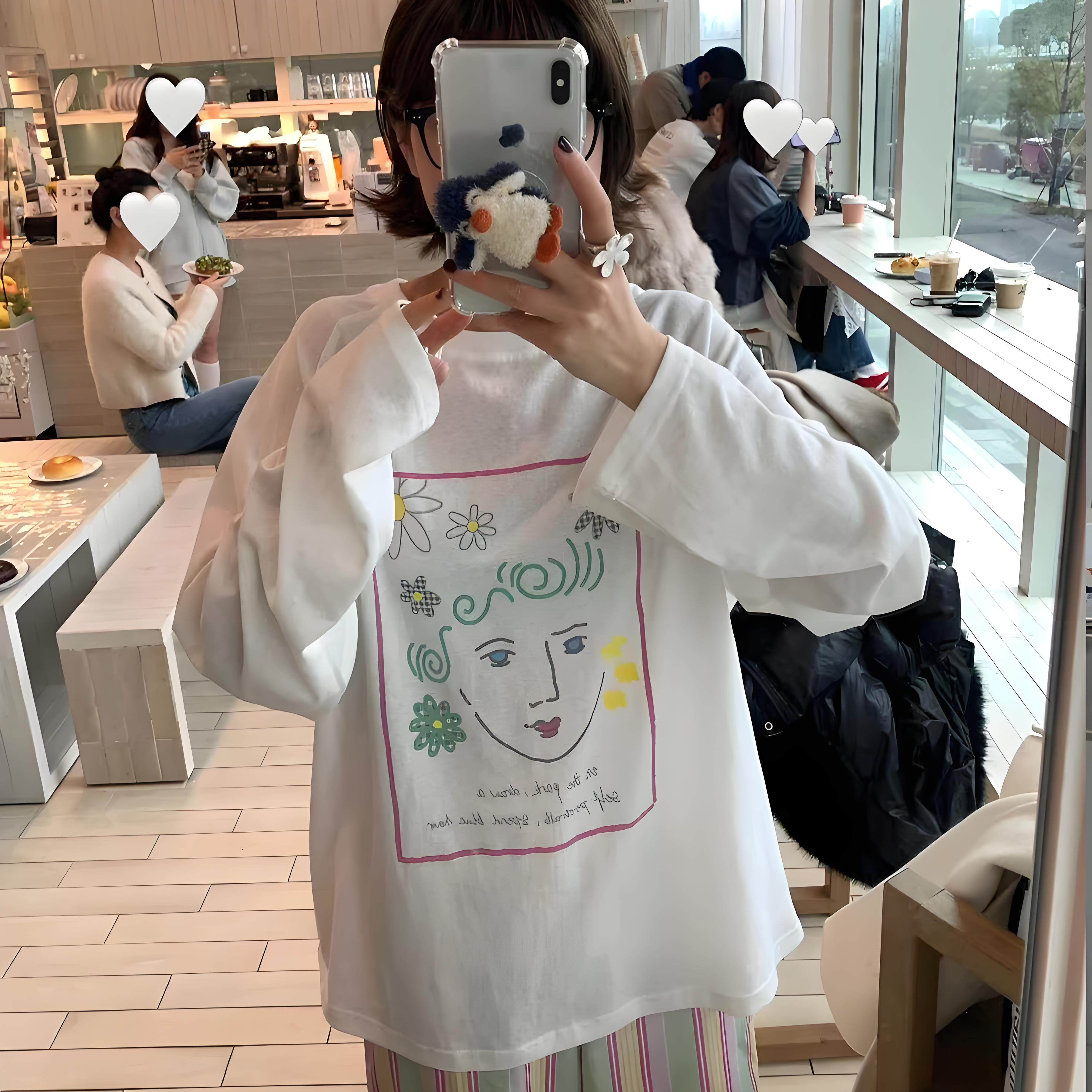 学院风白色长袖t恤女大童秋季2025新款初中高中学生宽松美式上衣