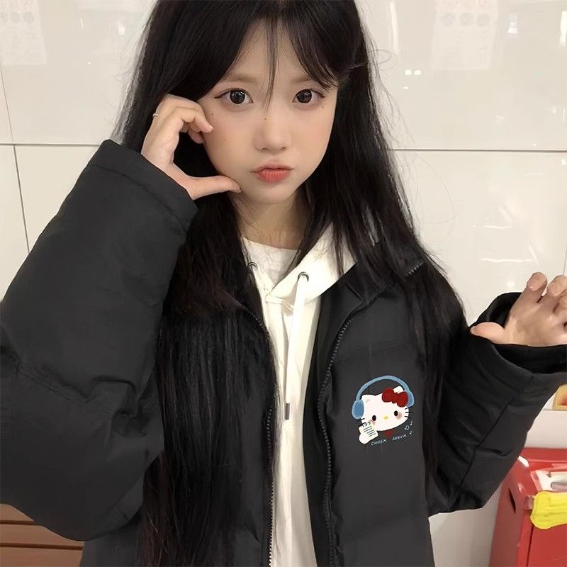 中长款棉服女大童初中高中学生百搭加厚保暖kt猫黑色外套冬季棉衣
