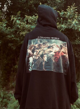 加大码456XL外套油画卫衣复古国潮黑色连帽加大码嘻哈男女款卫衣