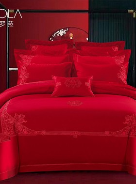 菲罗菈婚庆四件套大红色全棉六件套新婚喜被套纯棉结婚房床上用品