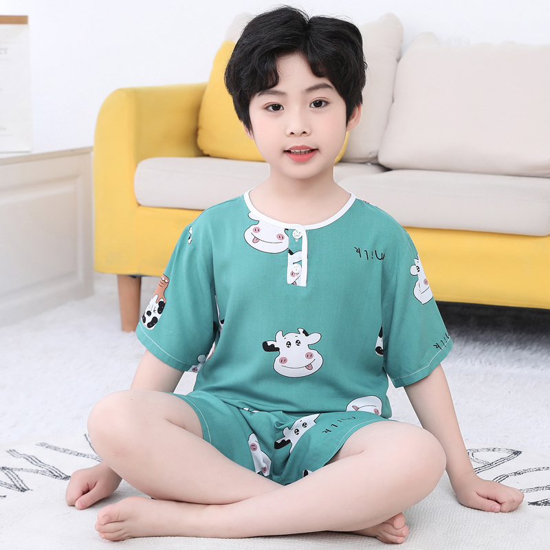 夏季棉绸儿童睡衣套装男童短袖薄款女童绵绸大童空调服小孩家居服