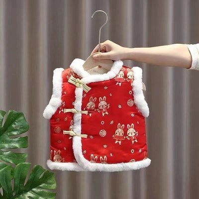 宝宝过年服唐装马甲加绒加厚婴儿黄马褂汉服男童女童国风拜年背心