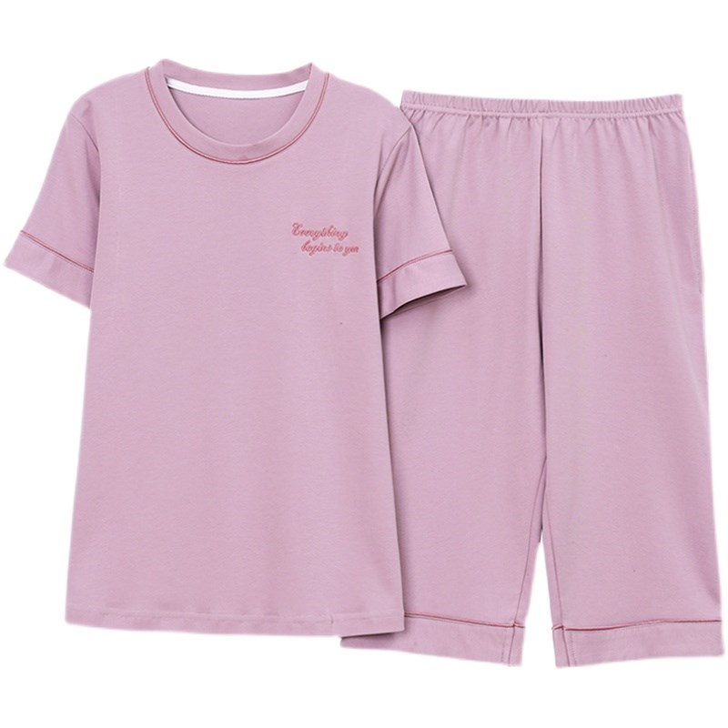 夏季爸爸妈妈短袖七分裤纯棉睡衣中年女士休闲薄款男家居服可外穿