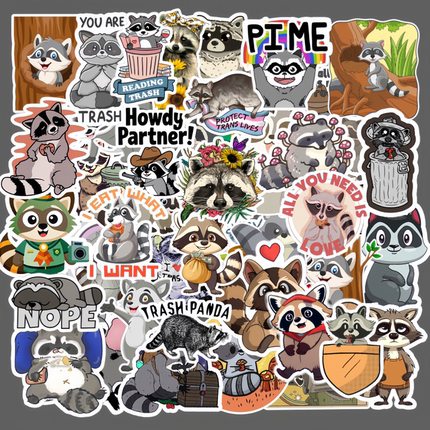 50张可爱小浣熊卡通防水贴纸diy手机电脑充电宝笔记本行李箱桌面墙面水杯收纳柜储物箱头盔滑板不干胶贴纸