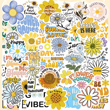 50张小清新雏菊可爱阳光向日葵文字贴纸DIY行李箱相框手机壳充电宝笔记本平板电脑桌面墙面储物箱不干胶贴画