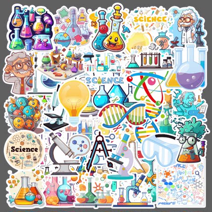 50张个性卡通化学实验室操作工具贴纸装饰手机电脑笔记本ipad充电宝水杯手账素材桌面墙面防水文具不干胶贴纸