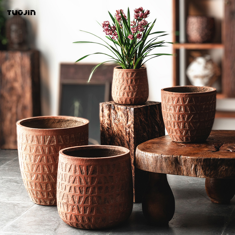 轻奢高级感复古客厅水泥花盆落地