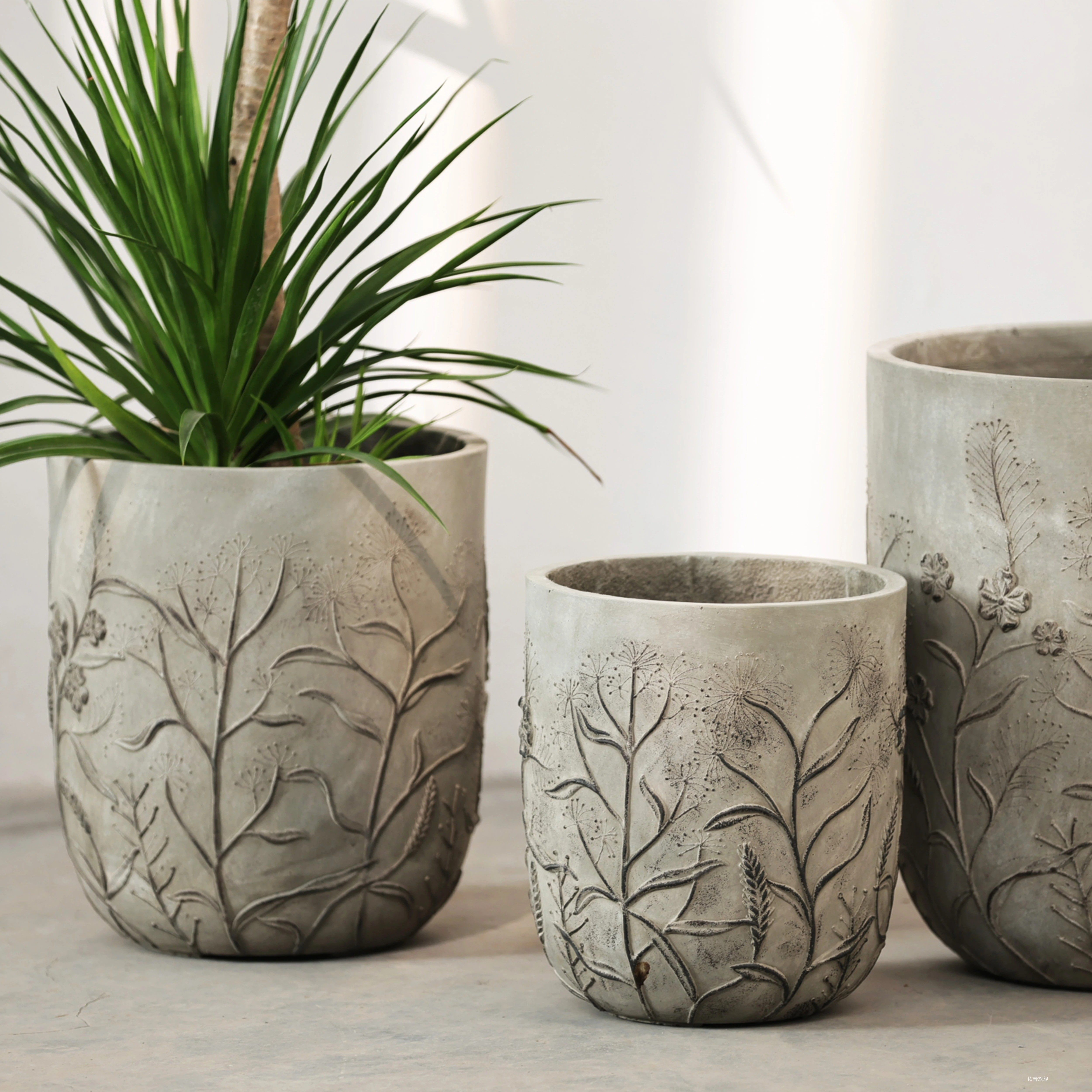 艺术花卉纹落地水泥花盆大号客厅户外花园庭院福禄寿龟背芋大花器