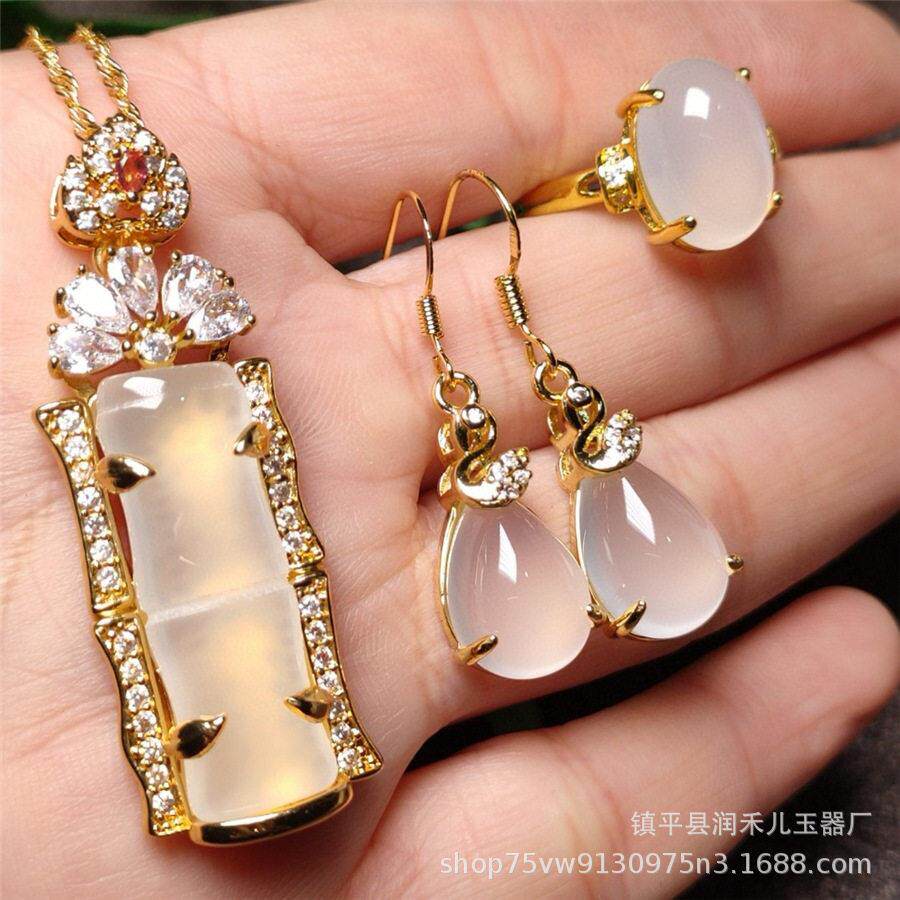 冰种白玉髓玛瑙竹节耳坠戒指银镶三件套冰透白玛瑙玉髓豪镶套装
