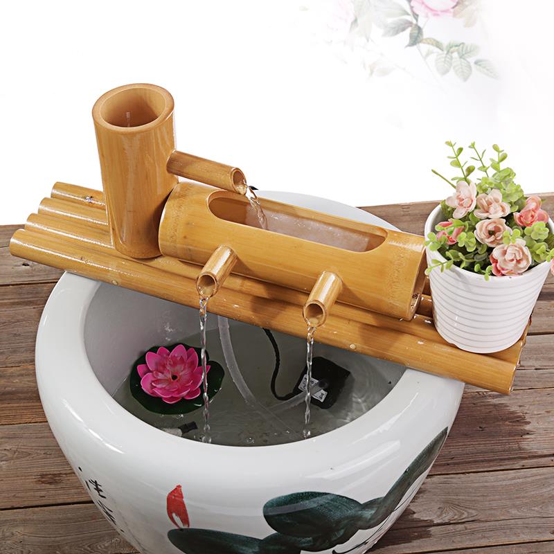 竹子流水器石槽鱼缸鱼盆过滤器水景喷泉风轮水车玄关摆件加湿增氧