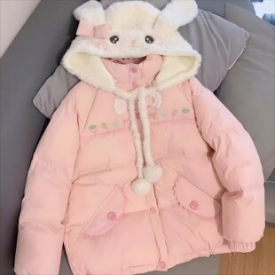 帽子可拆卸软糯兔连帽棉服女中大童冬季新款加绒加厚保暖甜美棉袄