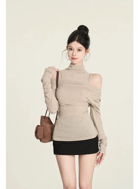 cchun纯子  韩系气质假两件露肩长袖T恤女秋冬修身纯欲上衣