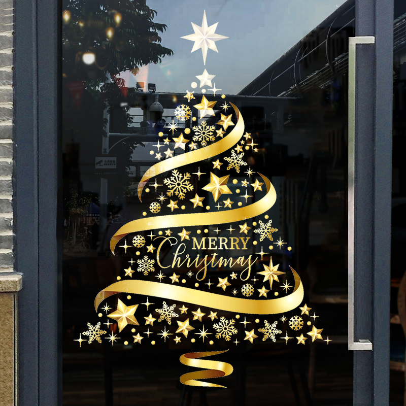 耶诞节场景布置玻璃贴静电贴彩色耶诞花环窗花贴门贴饭厅店铺窗贴