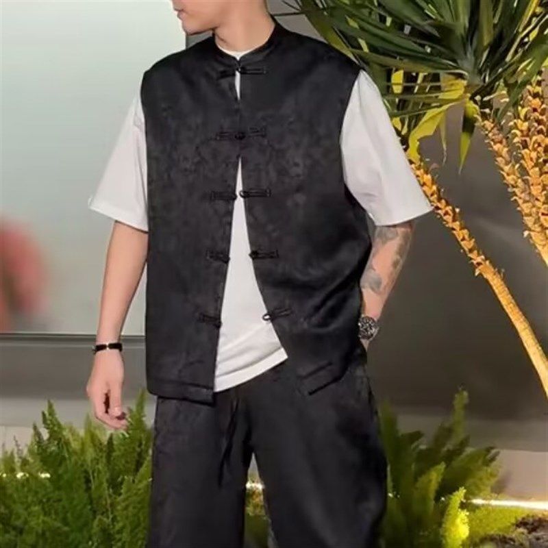 设计款唐装马甲男衬衫2024春夏季新款时尚中国风无袖休闲衬衣背心,男装,唐装,淘宝优惠券,粉丝福利购,淘宝优惠卷