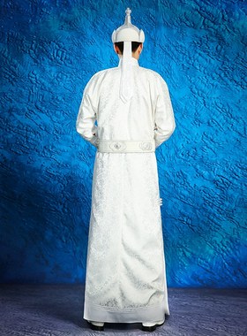 新款男士时尚拍照蒙古袍婚礼新郎伴郎父母敬酒舞蹈演出服银白色