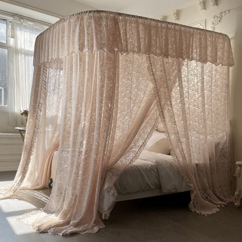 轻奢蕾丝蚊帐U型导轨三开门家用1.8床幔2m卧室床幔驱蚊不锈钢加厚