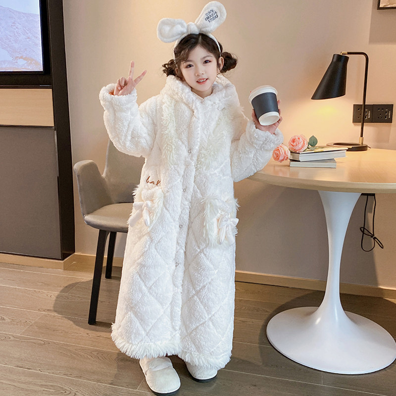 儿童睡衣冬季加厚款三层夹棉女童小孩珊瑚绒法兰绒睡袍保暖家居服
