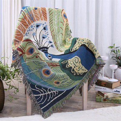 孔雀毯子棉毯子空调毯毛巾毯盖巾盖毯彩色线毯复古动物图案沙发毯