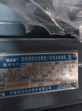 皖南防爆电机，型号是YFB3-200L-6，功率22-议价