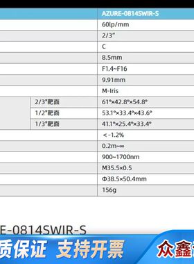 浩蓝AZURE-0814SWIR-S，8mm短波红外，工业镜