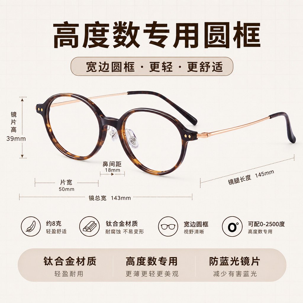 高度数近视眼镜框女宽边圆框玳瑁色超轻钛架1000度专业配镜防蓝光