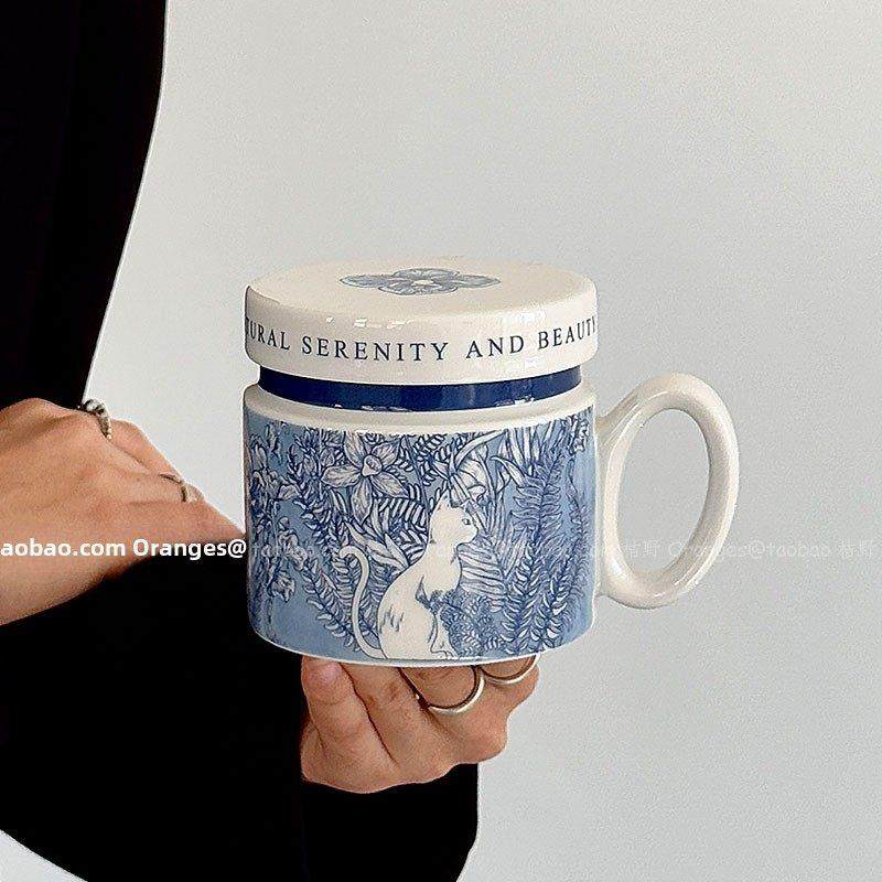 新中式青花猫陶瓷杯带盖马克杯大容量水杯耐热茶杯咖啡杯小众礼物,餐饮具,马克杯,淘宝优惠券,粉丝福利购,淘宝优惠卷