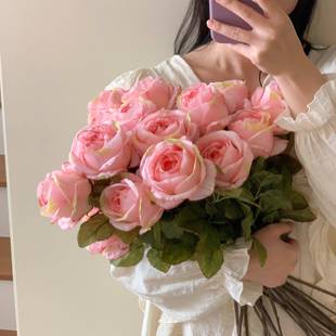 23778刘亦同款 手捧花粉色照真玫瑰花仿花假菲花餐桌摆件拍道具仿