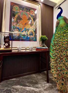 蓝白孔雀标本全真羽毛落地摆件客厅店装饰家业居19425工开艺酒精