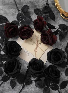 跨境风真花暗22586红色色玫瑰万圣黑哥节特暗黑格装饰假花插枝摆