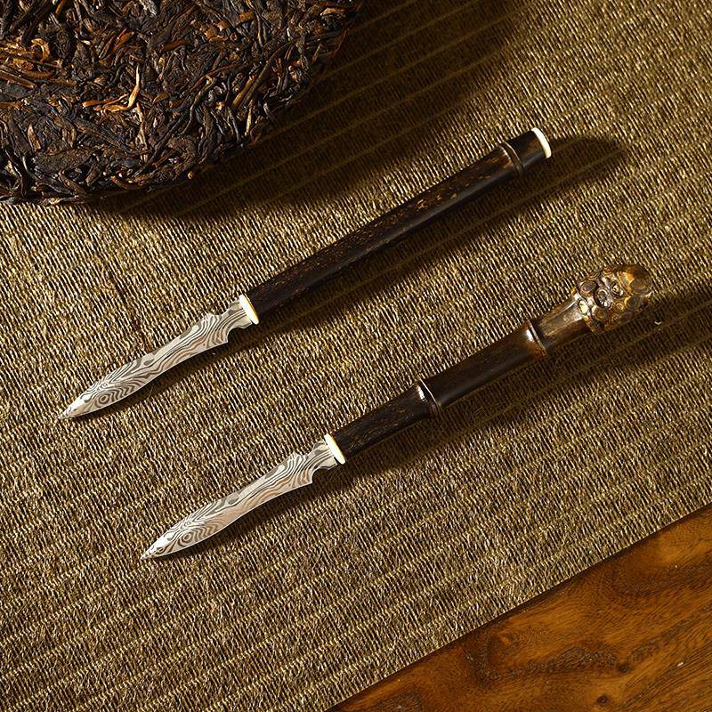 苏工精工制作天然紫竹老竹根精工制作大马士革钢茶道茶刀