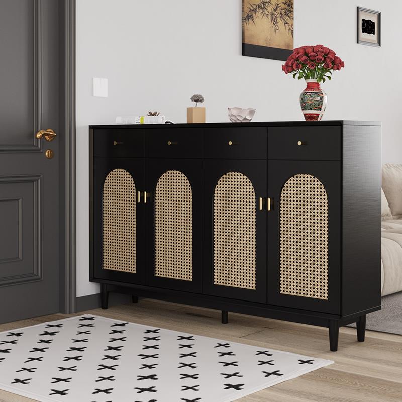 藤编鞋柜入户沙发隔断玄关柜一体家用门口实木框中古风客厅门厅柜