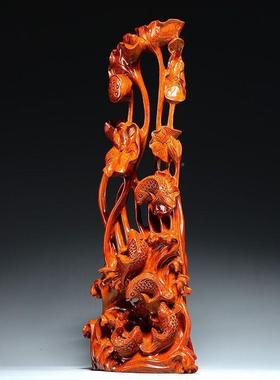 11658花梨雕年有鱼木根雕荷花摆动物件红木家居装饰工艺礼年品摆